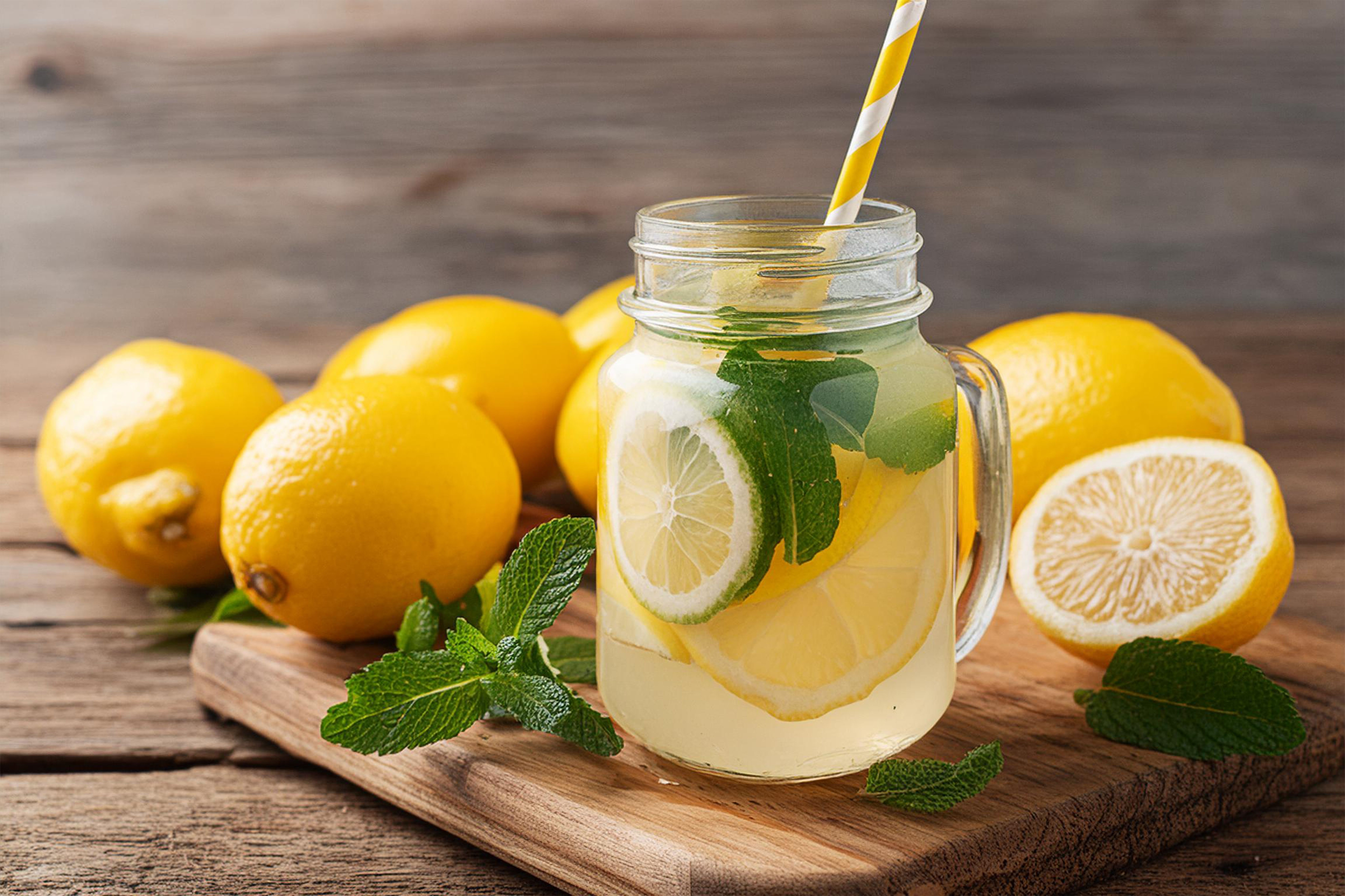 Zavařovací sklenice s citronádou z čerstvě lisované citronové šťávy Globus s plátky citronu a lístky máty, obklopená celými citrony, na dřevěném prkénku s pruhovaným brčkem.