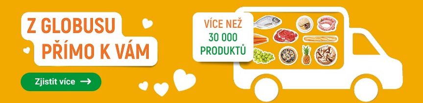 Oranžový banner s dodávkou, na které jsou zobrazeny potraviny. Text zní „PŘÍMO Z GLOBUSU K VÁM“ a „VÍCE NEŽ 30 000 PRODUKTŮ“.