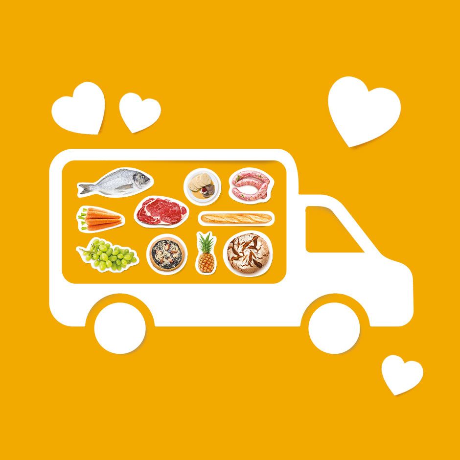 Ilustrace bílé dodávky na oranžovém pozadí, naplněné ikonami potravin, jako jsou ryby, maso, zelenina a ovoce. Kolem ní jsou bílá srdíčka.