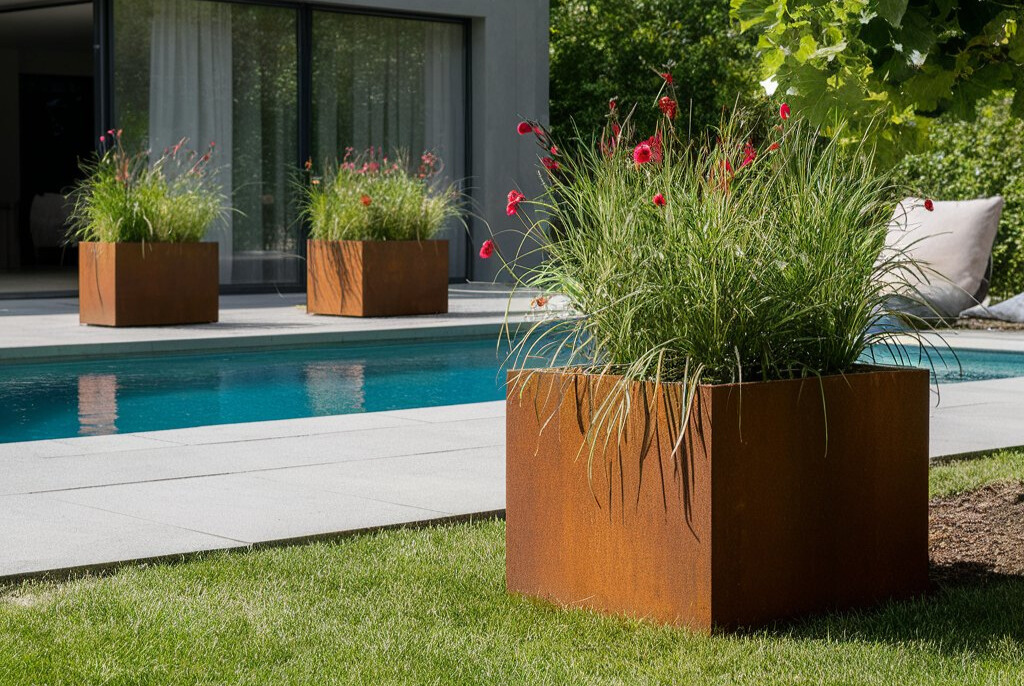 Drei Pflanzkübel aus Cortenstahl am Pool