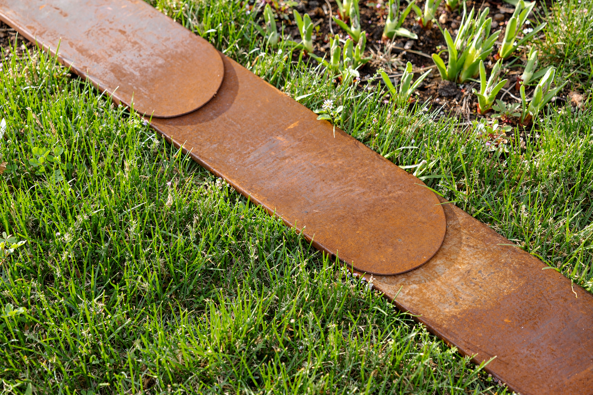 Rasenkante aus Cortenstahl verlegt