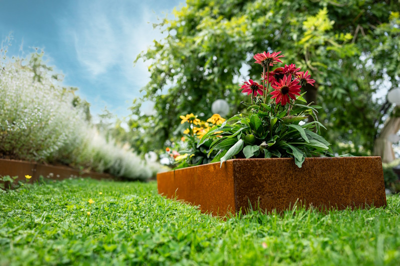 Pflanzrahmen aus Cortenstahl mit Blumen