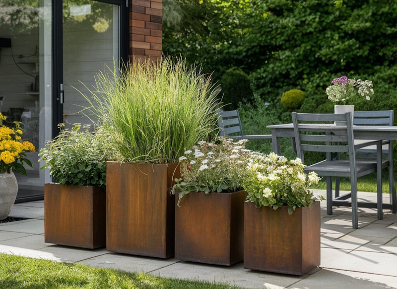 4 Pflanzkübel aus Cortenstahl im Garten