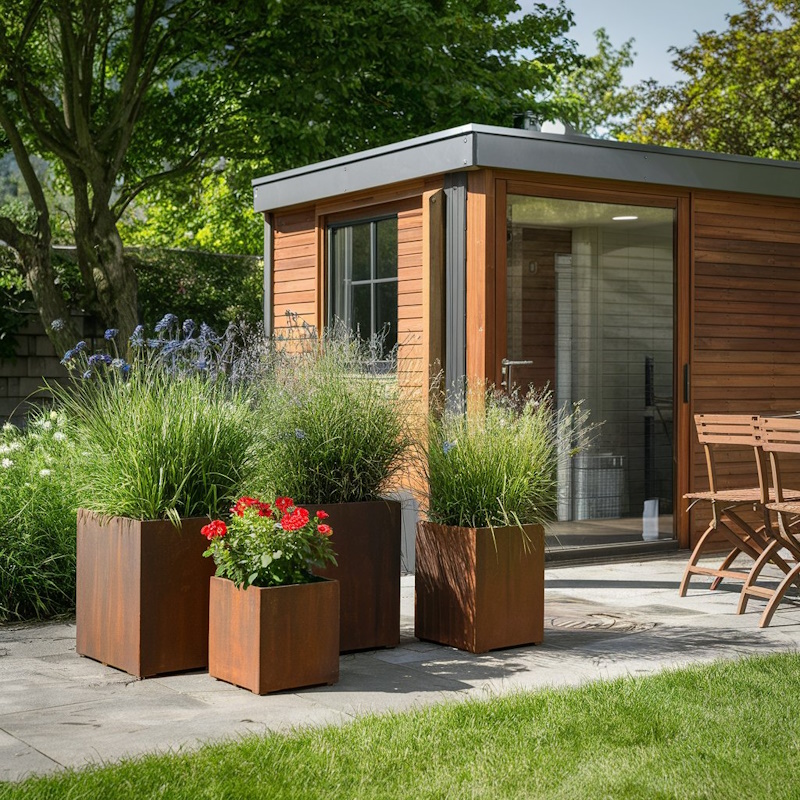 Vier Pflanzkübel aus Cortenstahl