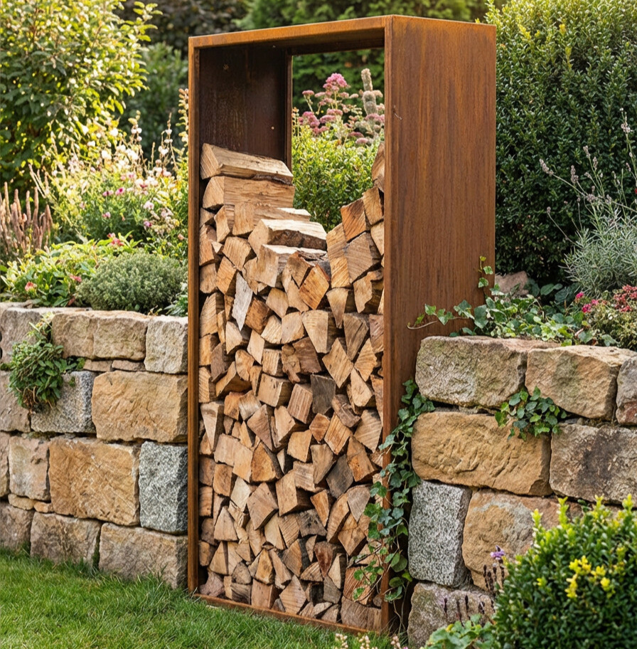 Holzregal aus Cortenstahl >> online bestellen | Metallgarten