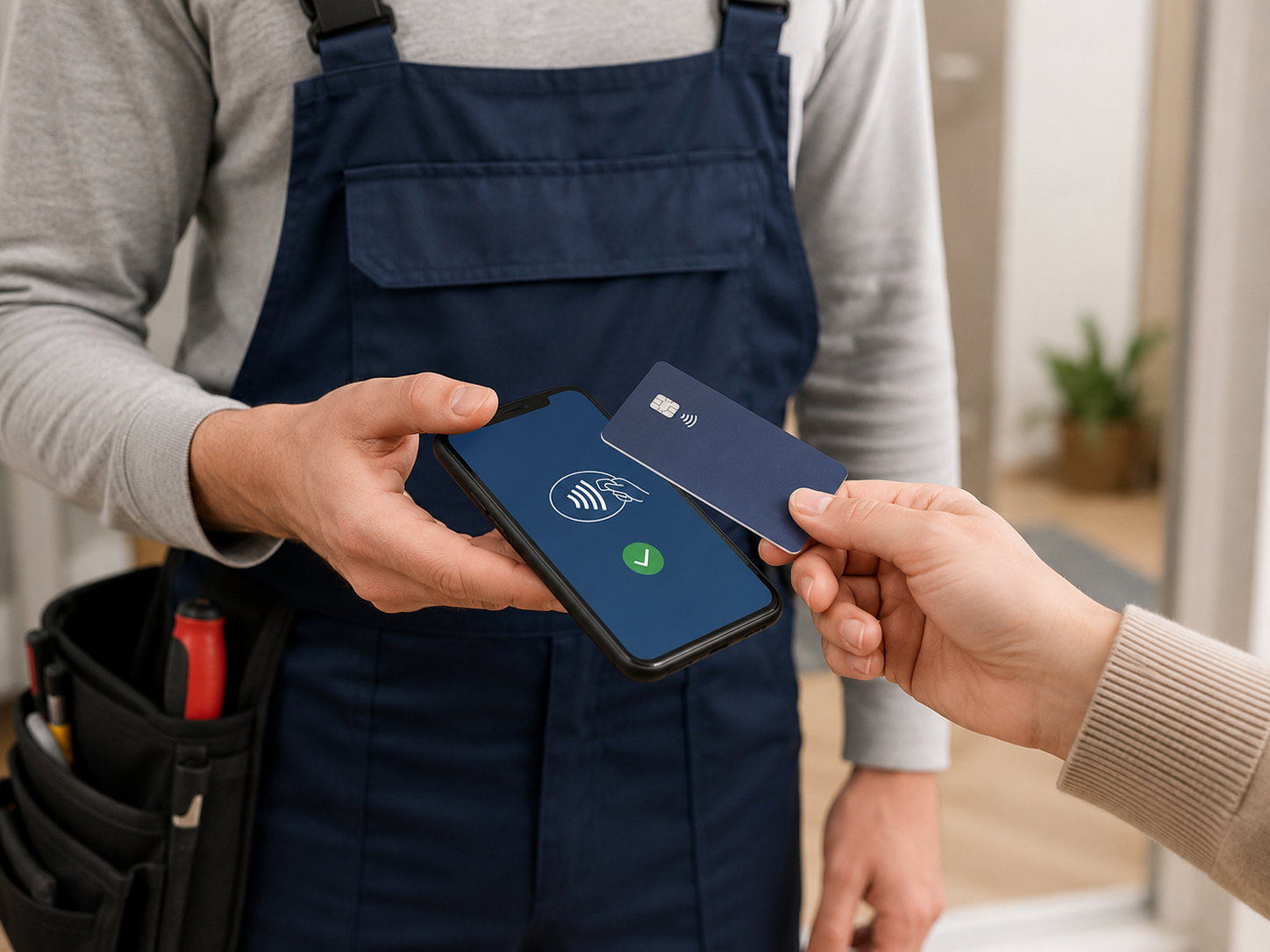 Paiement SoftPOS : le client approche sa carte du smartphone du professionnel