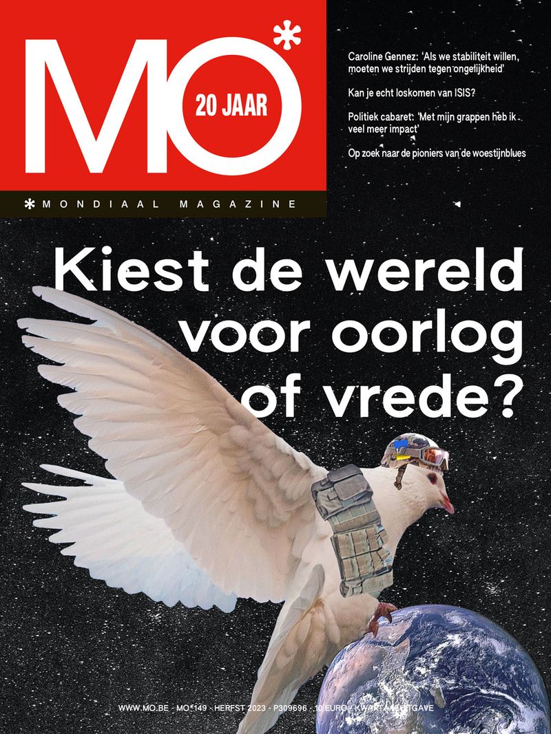 Cover of Mondiaal Magazine features a white dove wearing military gear, flying over Earth with a starry background.