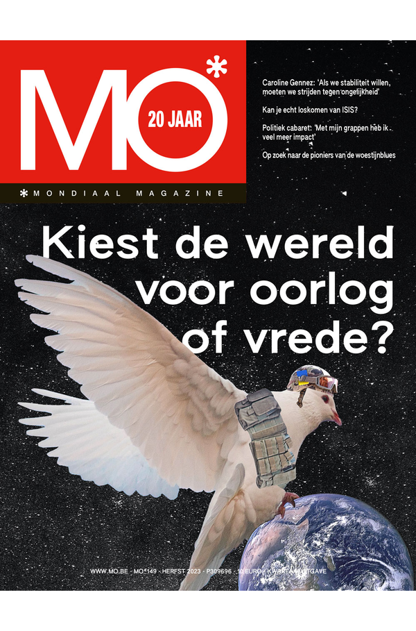 Cover of Mondiaal Magazine features a white dove wearing military gear, flying over Earth with a starry background.