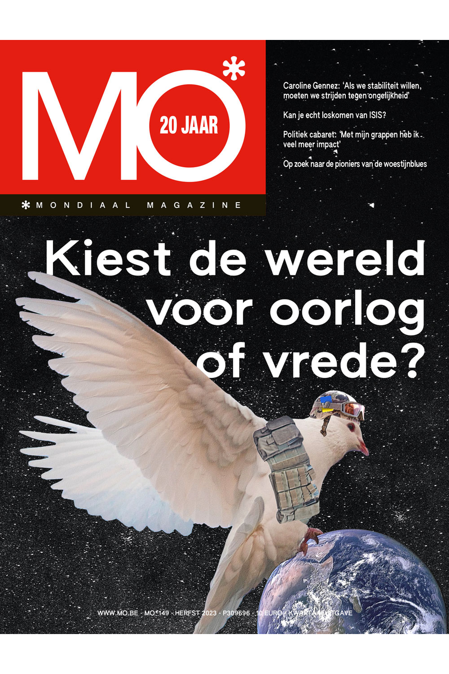 Cover of Mondiaal Magazine features a white dove wearing military gear, flying over Earth with a starry background.