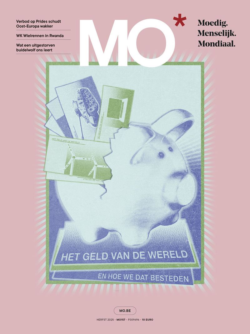 Magazine cover with collage of a piggy bank and currency, featuring the title "Het Geld van de Wereld" and text in Dutch on a pink background.