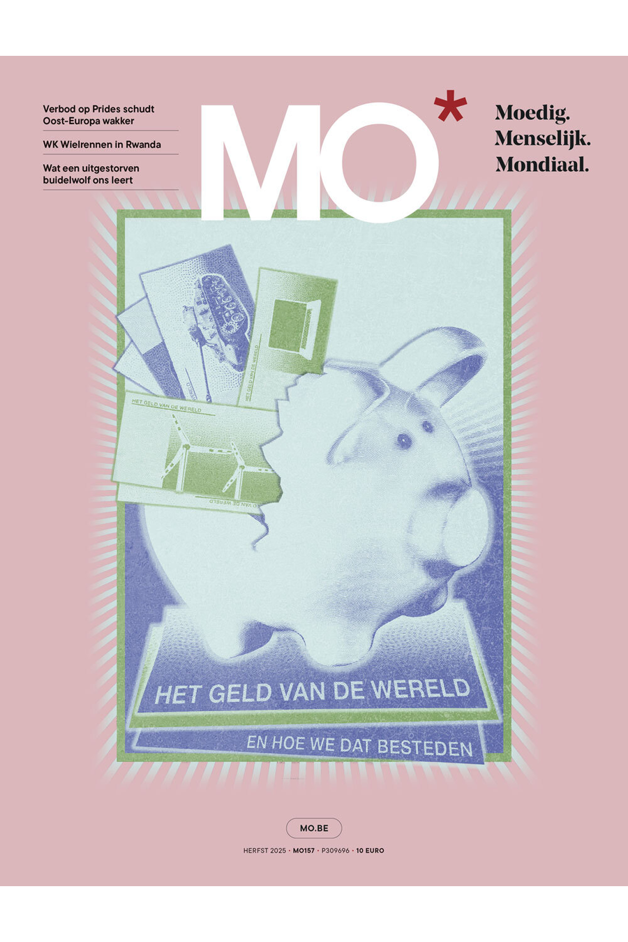 Magazine cover with collage of a piggy bank and currency, featuring the title "Het Geld van de Wereld" and text in Dutch on a pink background.