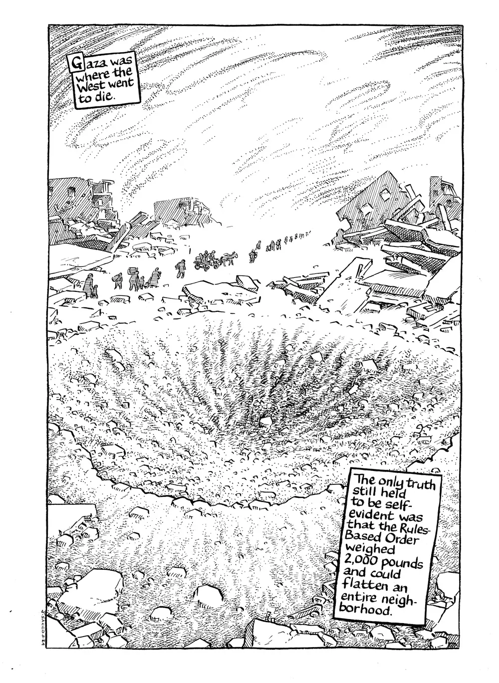 tekening van een bomkrater. Op de achtergrond vernielide appartementen en een lange rij vluchtelingen