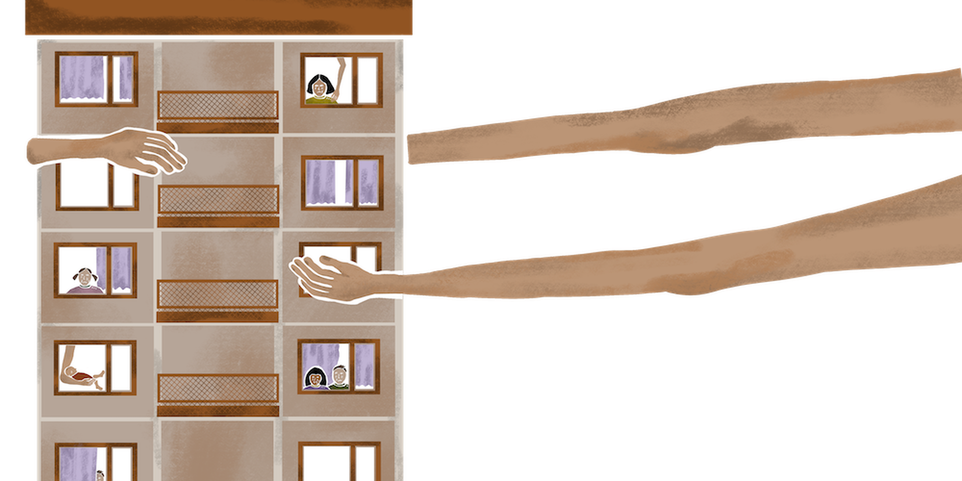 An illustration of a multi-story building with long arms reaching from windows, showing people interacting across floors.