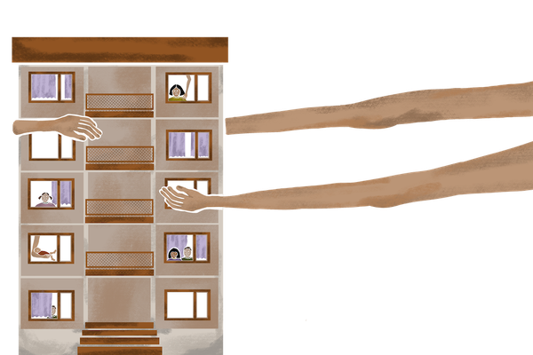 An illustration of a multi-story building with long arms reaching from windows, showing people interacting across floors.