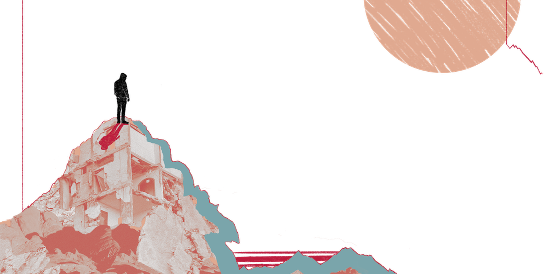 Abstract image of a partially destroyed building on rocky terrain, with a large beige circle and red lines in the background.