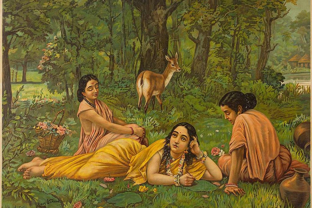 Schilderij door Raja Ravi Varma van Shakuntala, een heldin uit het hindoe-epos de Mahabharata, die een brief schrijft.