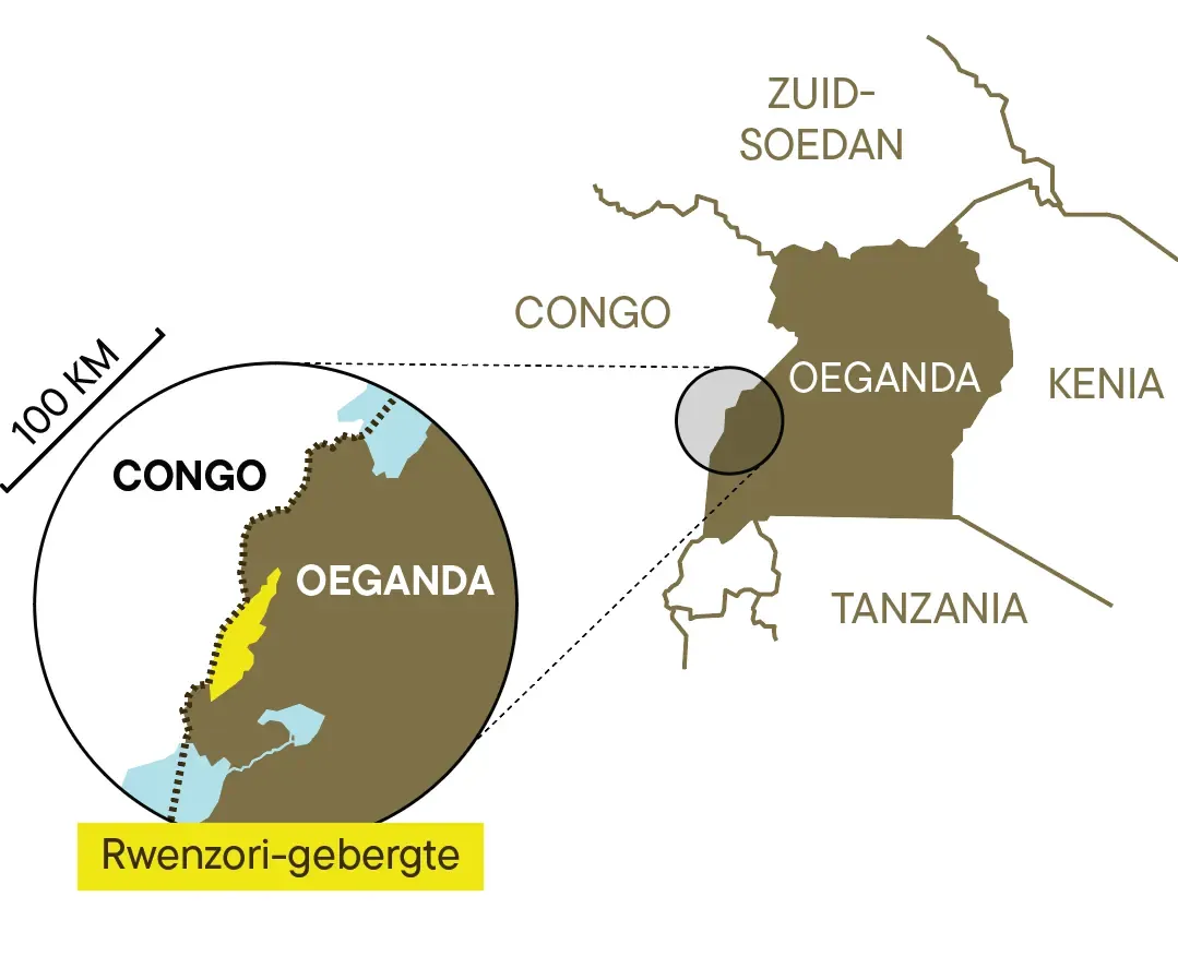 Kaart van Oeganda met aanduiding van het Rwenzori-gebergte