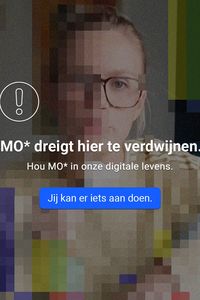 A pixelated image with text urging support for MO* in the digital realm, featuring a call-to-action button in blue.