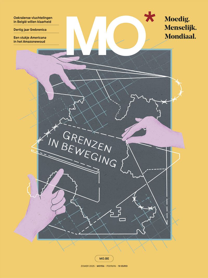 Magazine cover with hands manipulating string across a map, with text "Grenzen in Beweging" and "MO." Topics include refugees and Srebrenica.