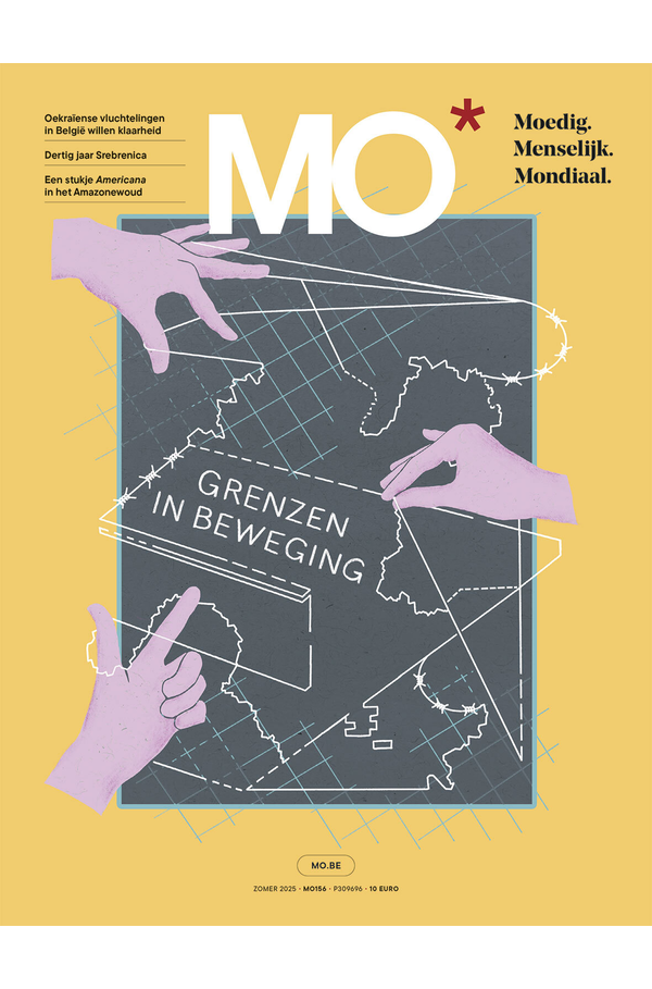 Magazine cover with hands manipulating string across a map, with text "Grenzen in Beweging" and "MO." Topics include refugees and Srebrenica.