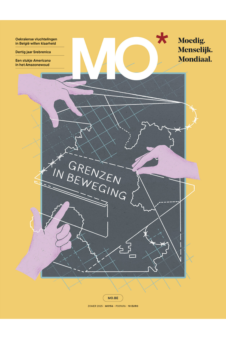 Magazine cover with hands manipulating string across a map, with text "Grenzen in Beweging" and "MO." Topics include refugees and Srebrenica.