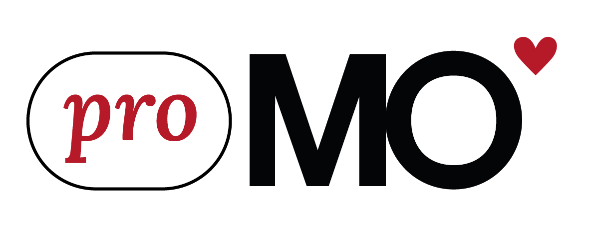 The image shows the word "promo" with "pro" in red script within an oval and "MO" in black, followed by a small red heart.
