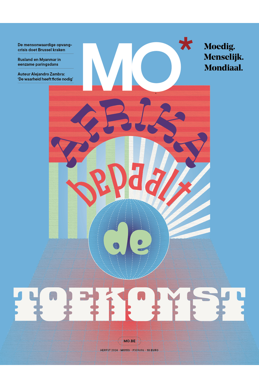 Magazine cover with bold text "Afrika bepaalt de Toekomst" and "MO" logo. Blue and red background with globe graphic.