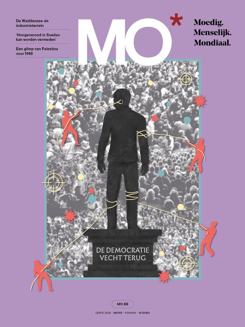 Cover of MO* magazine with a large statue, colorful figures, and text "De democratie vecht terug" on a purple background.