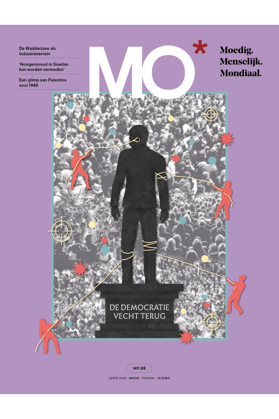 Cover of MO* magazine with a large statue, colorful figures, and text "De democratie vecht terug" on a purple background.