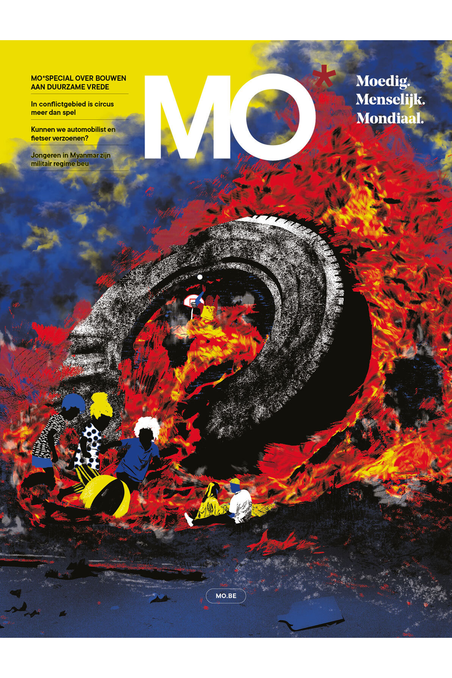 Magazine cover with bold "MO" title, showing vibrant colors and abstract imagery of fire and a large tire. Text in Dutch on the left side.