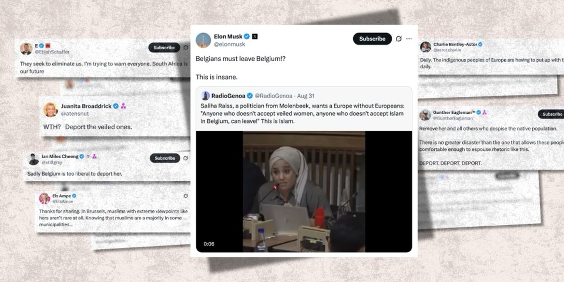 Collage of tweets discussing a controversial statement about Belgians and Islam, including a video and commentary from several users.