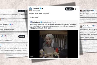 Collage of tweets discussing a controversial statement about Belgians and Islam, including a video and commentary from several users.