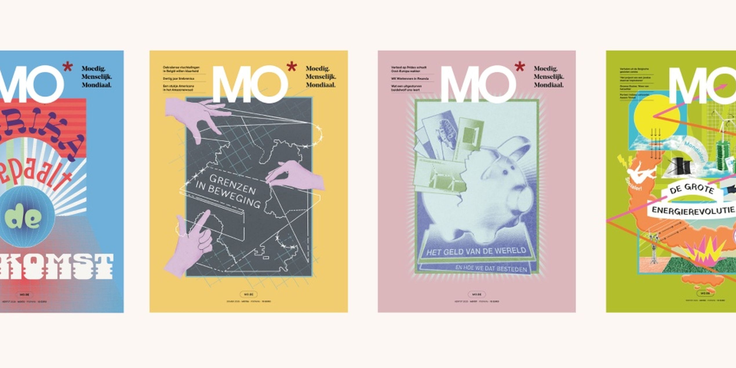 Four magazine covers with colorful designs and different thematic illustrations, each featuring the bold "MO" title and various text elements.