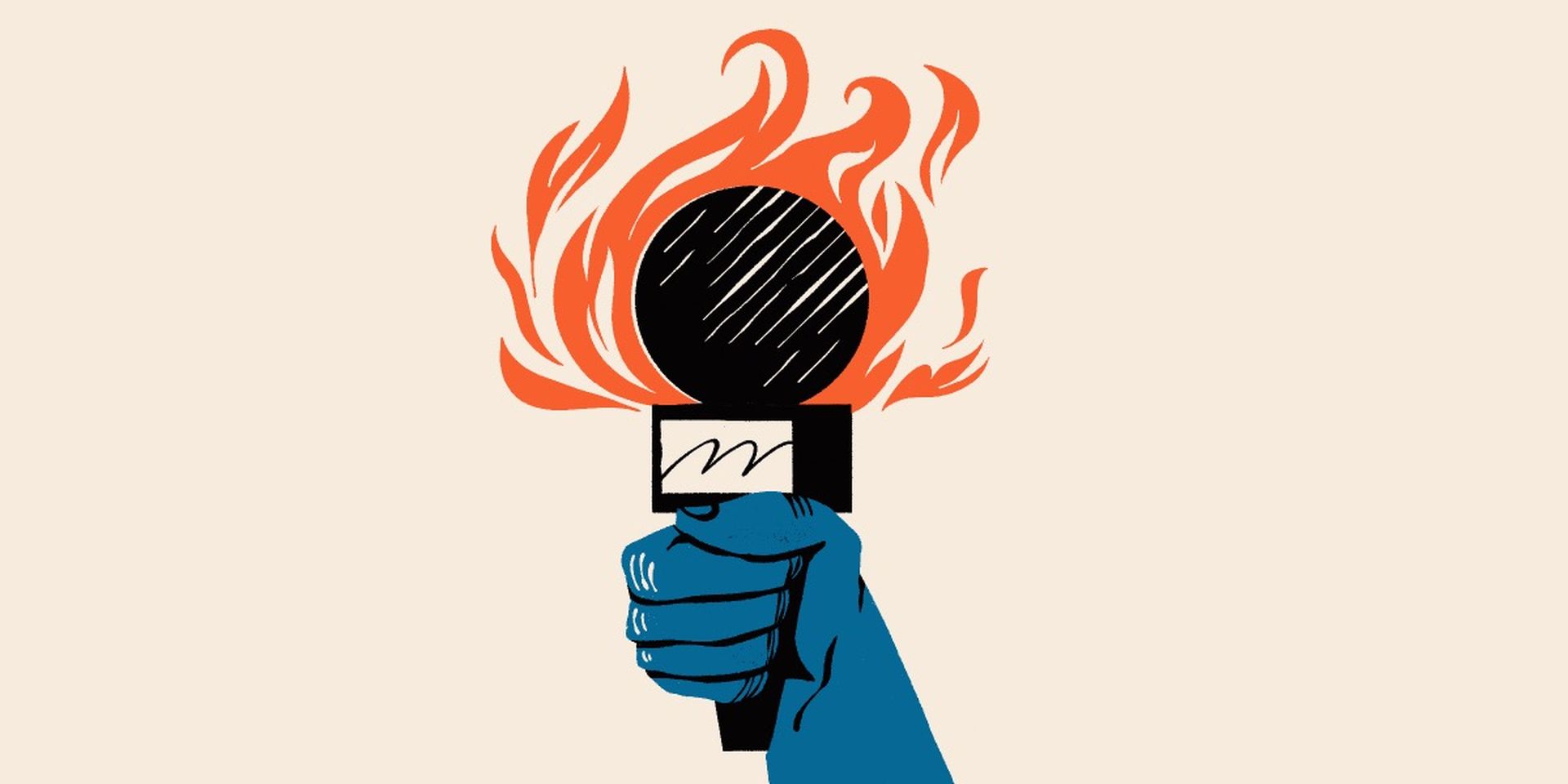 Illustration of a blue hand holding a flaming microphone on a beige background.