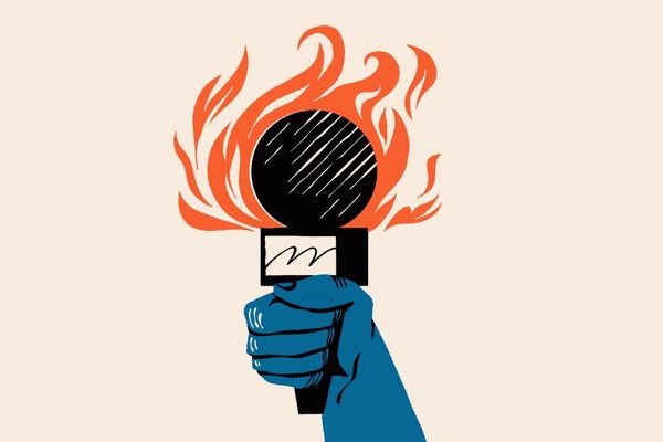 Illustration of a blue hand holding a flaming microphone on a beige background.
