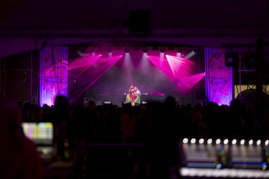 A performer sings on stage under pink lighting at a music festival with an audience in the foreground.