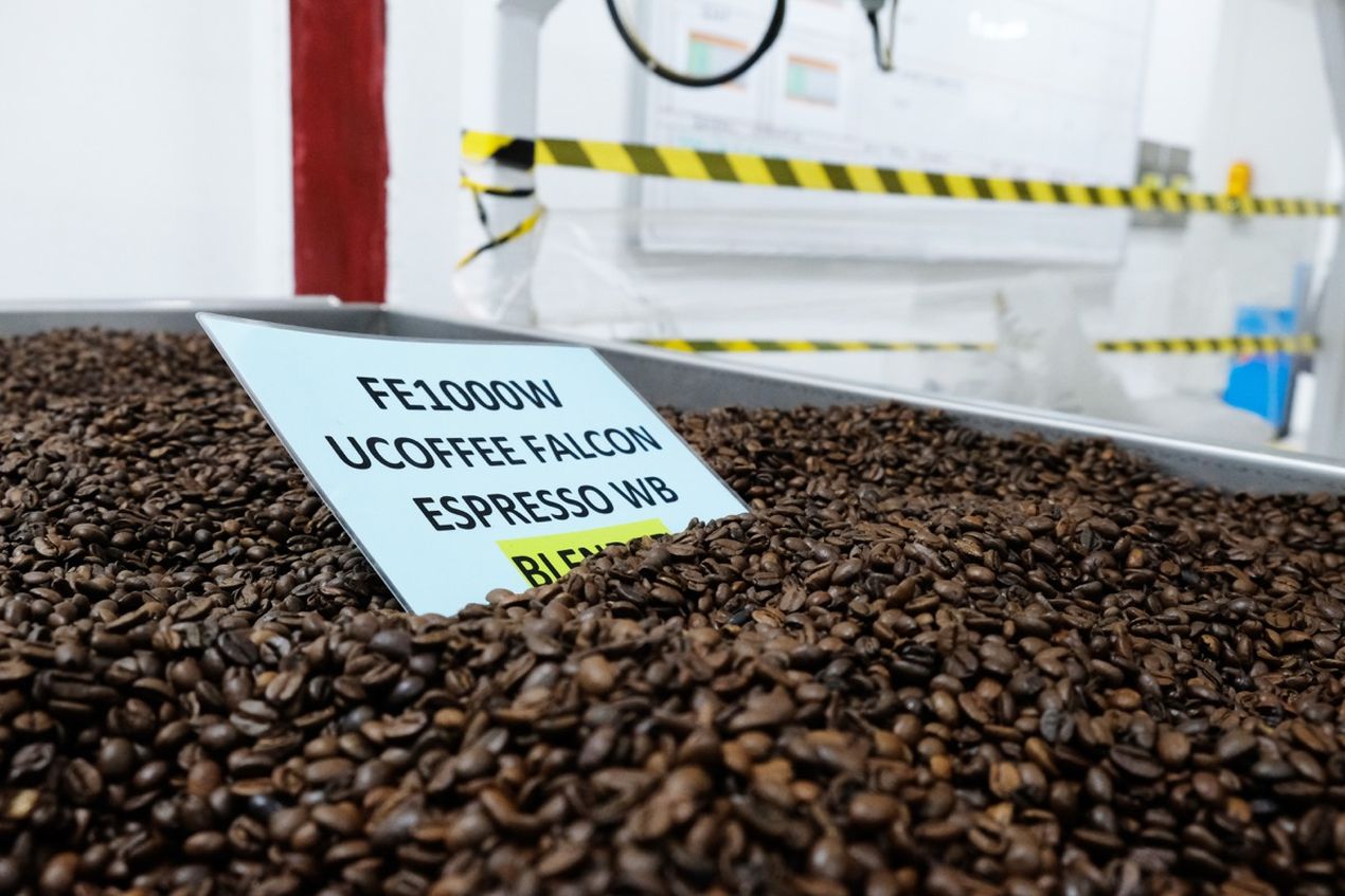 A bin filled with roasted coffee beans labeled "FE1000W UCOFFEE FALCON ESPRESSO WB BLEND" in an industrial setting.