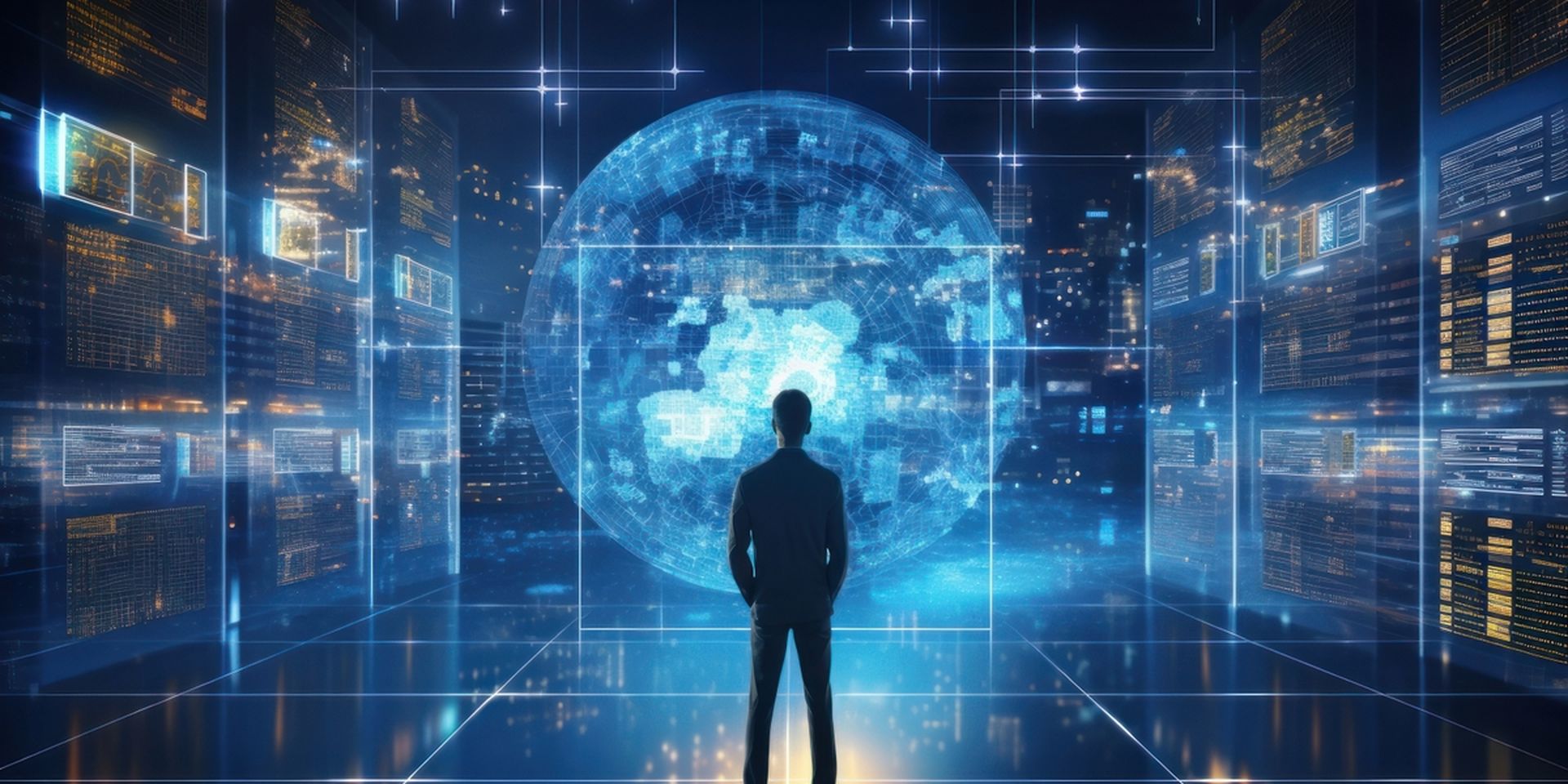 AI gegenereerde illustratie van een man in een futuristisch ogend datacentrum