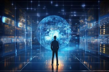 AI gegenereerde illustratie van een man in een futuristisch ogend datacentrum