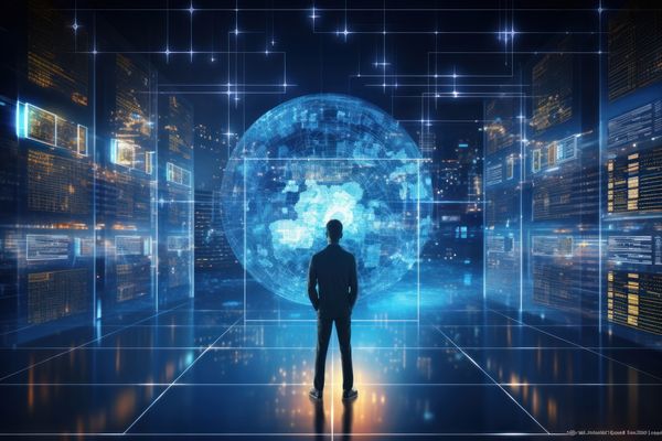 AI gegenereerde illustratie van een man in een futuristisch ogend datacentrum