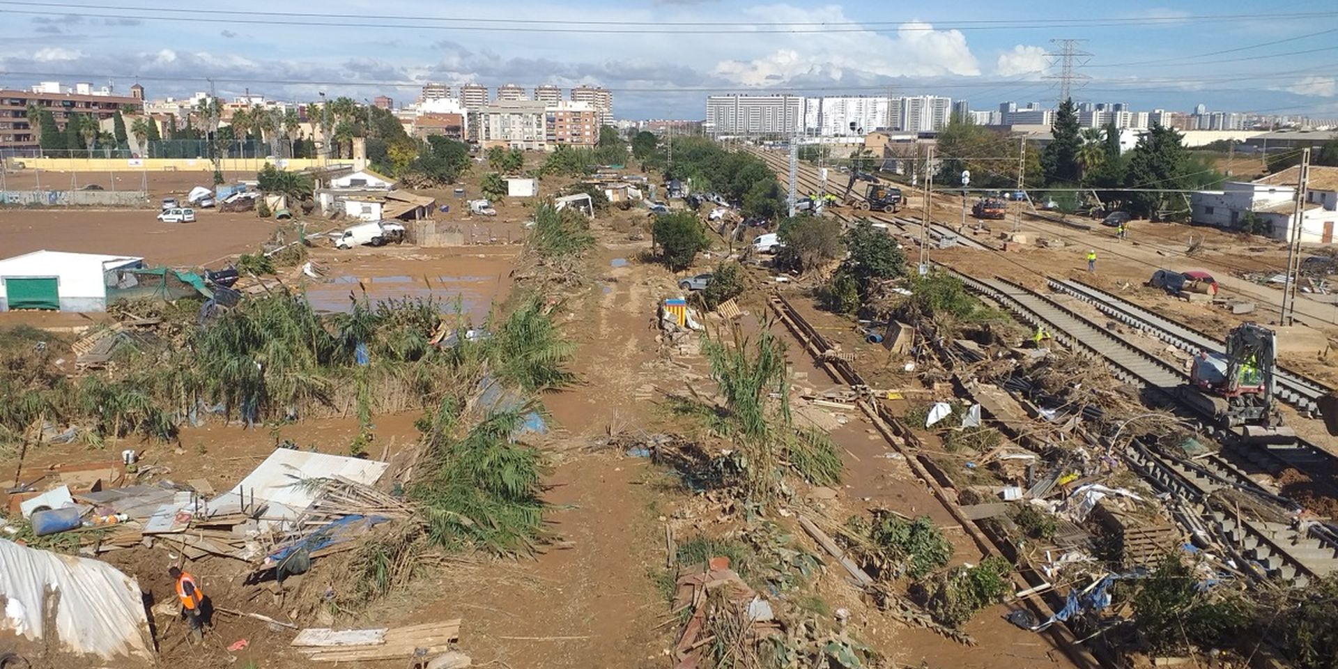 Aerial view of flood damage in a city, showing debris, muddy terrain, destroyed structures, and workers near train tracks. Urban buildings in background.