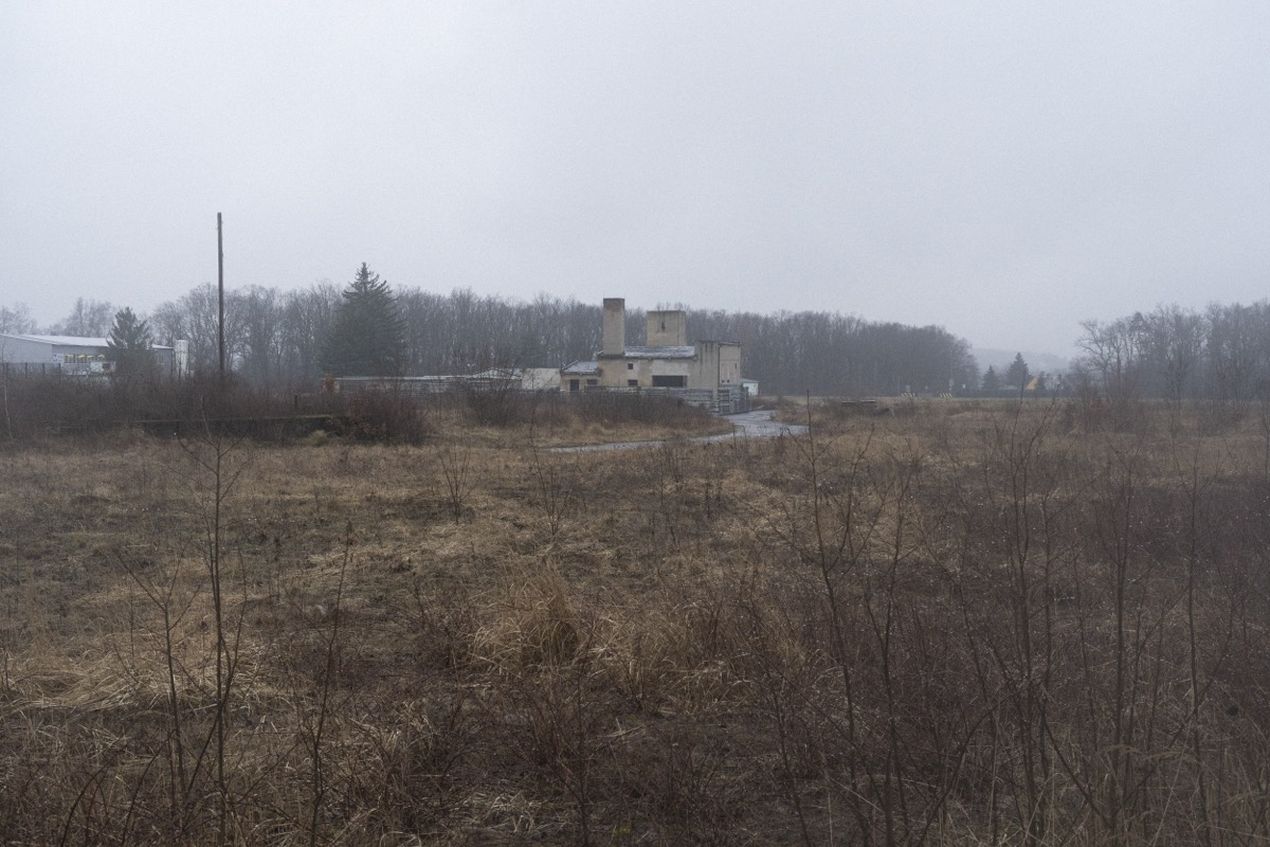 Overcast day with an abandoned building in a field of dry grass and leafless shrubs, surrounded by bare trees in the background.