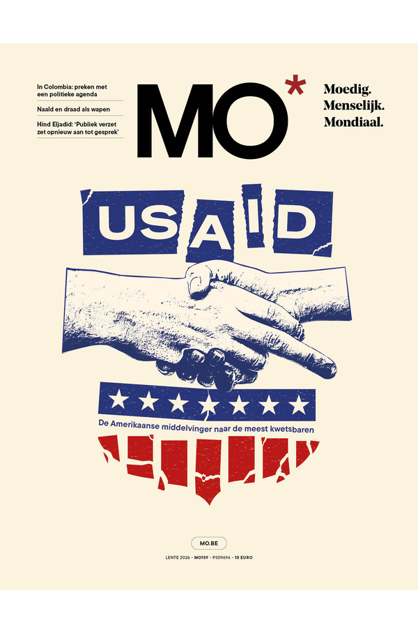 cover van MO*159, getiteld: USAID en met ondertitel ‘De Amerikaanse middelvinger naar de meest kwetsbaren’