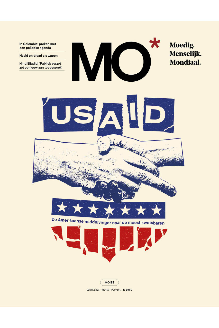 cover van MO*159, getiteld: USAID en met ondertitel ‘De Amerikaanse middelvinger naar de meest kwetsbaren’
