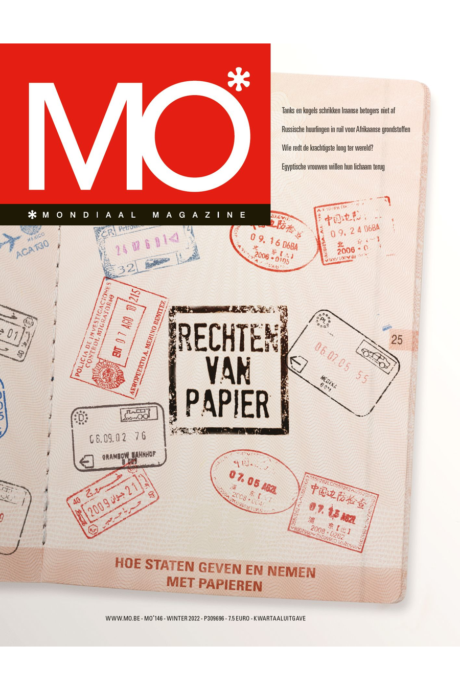 Cover of MO* magazine with passport stamps and the headline "Rechten van Papier" (Paper Rights) in Dutch, winter 2022 issue.