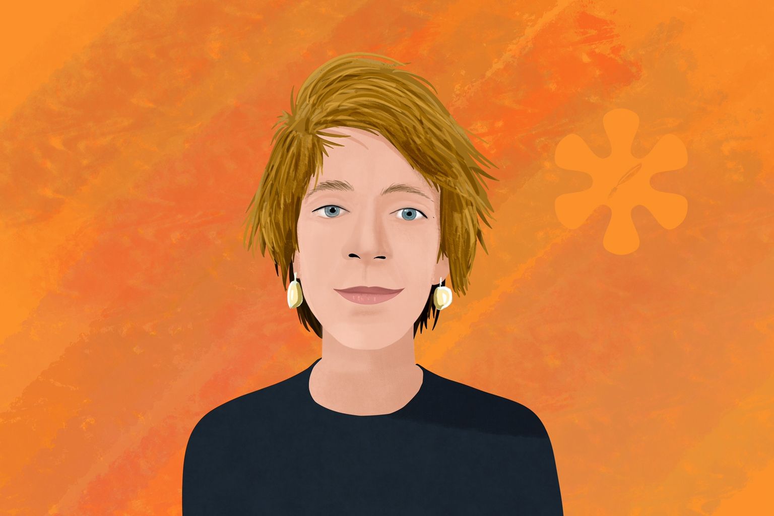 Illustrated portrait of a person with short hair and earrings against an orange textured background with an abstract shape.