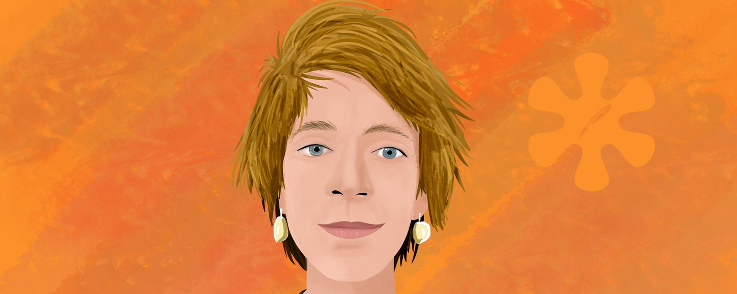 Illustrated portrait of a person with short hair and earrings against an orange textured background with an abstract shape.