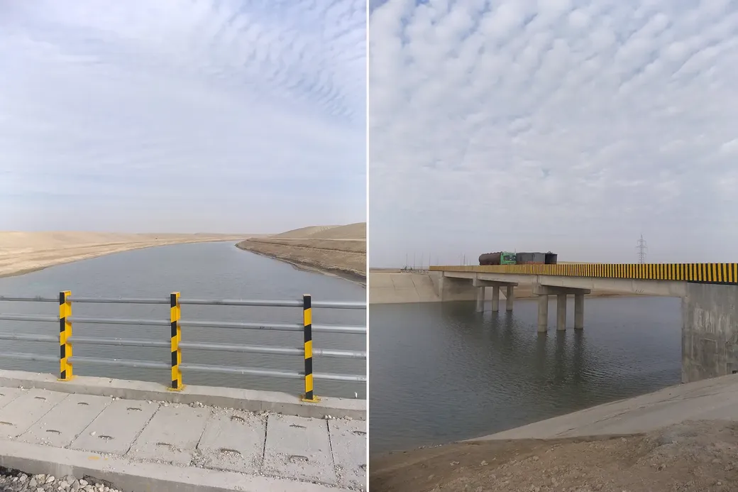 twee naast elkaar staande foto's van het Qosh-Tepa kanaal in Afghanistan en een brug over dat kanaal
