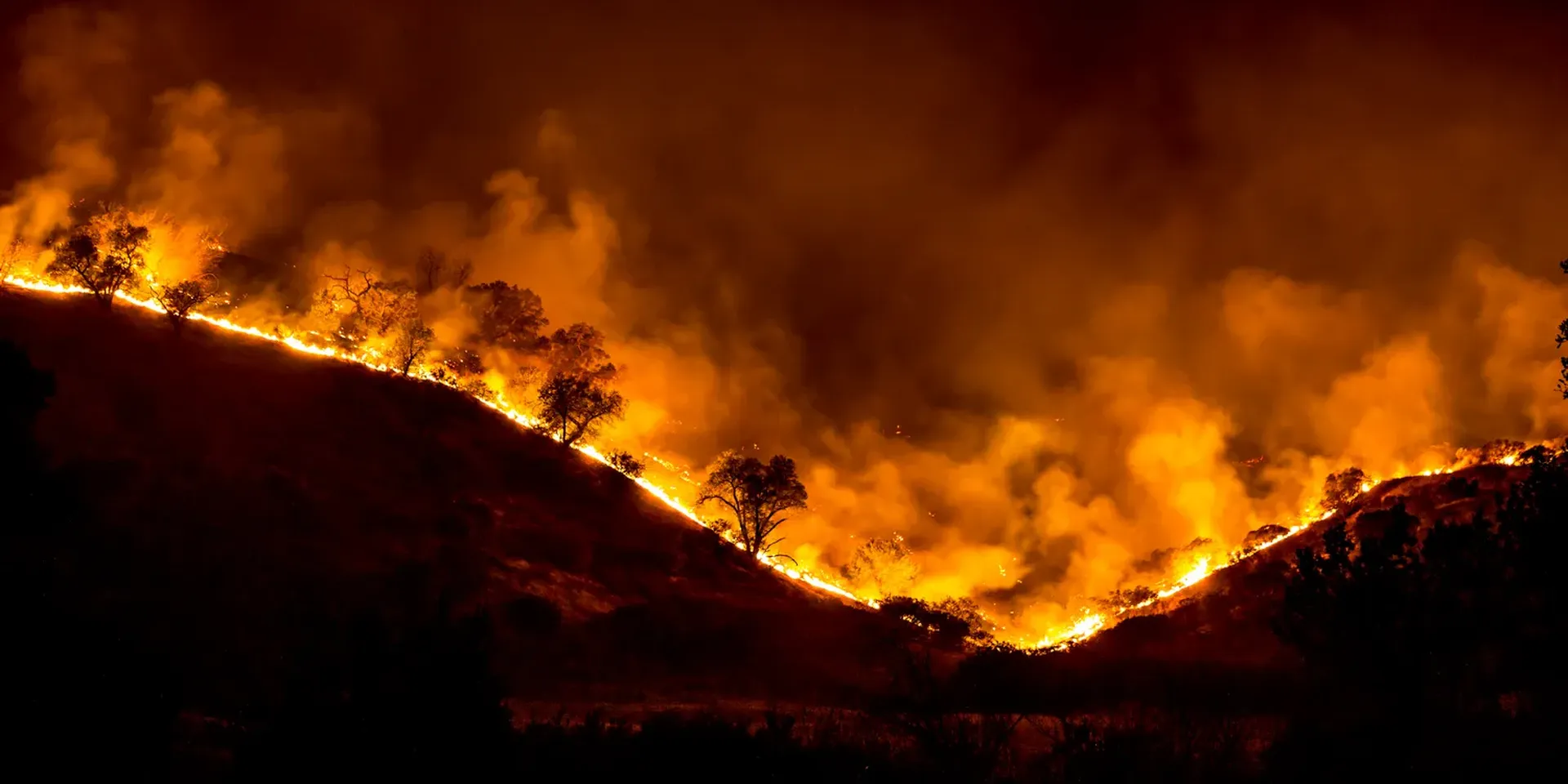 contouren van een heuvelrug met brandende bomen en struiken
