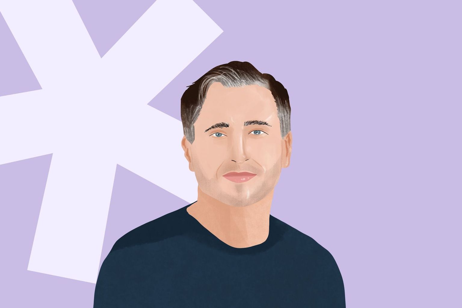 Illustration of a man with short dark hair and blue eyes against a light purple background with white geometric shapes.